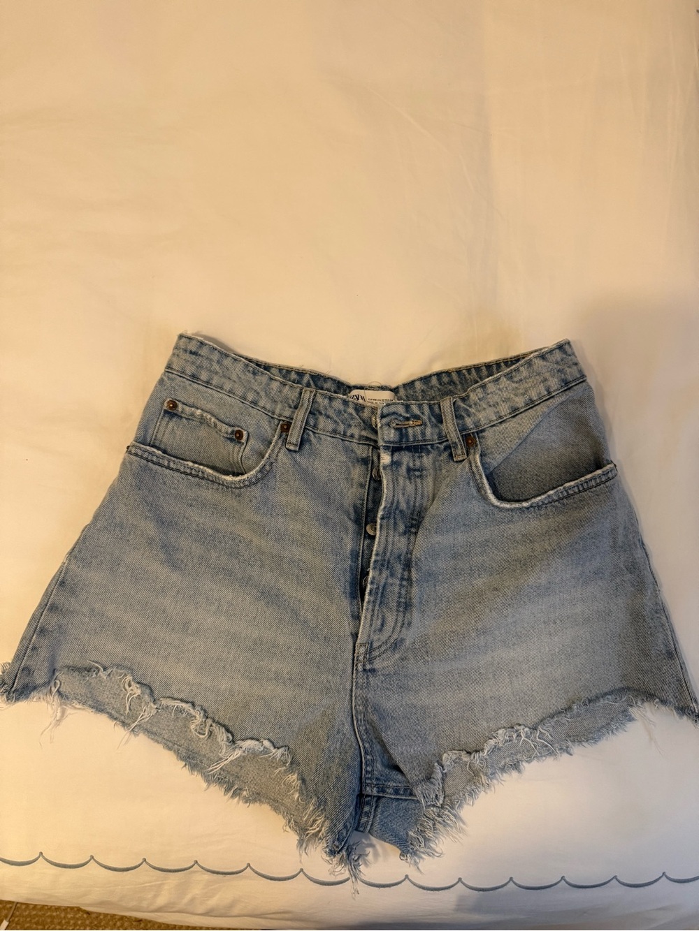 Zara Light Blue Frayed Hem High-Waist Denim Shorts